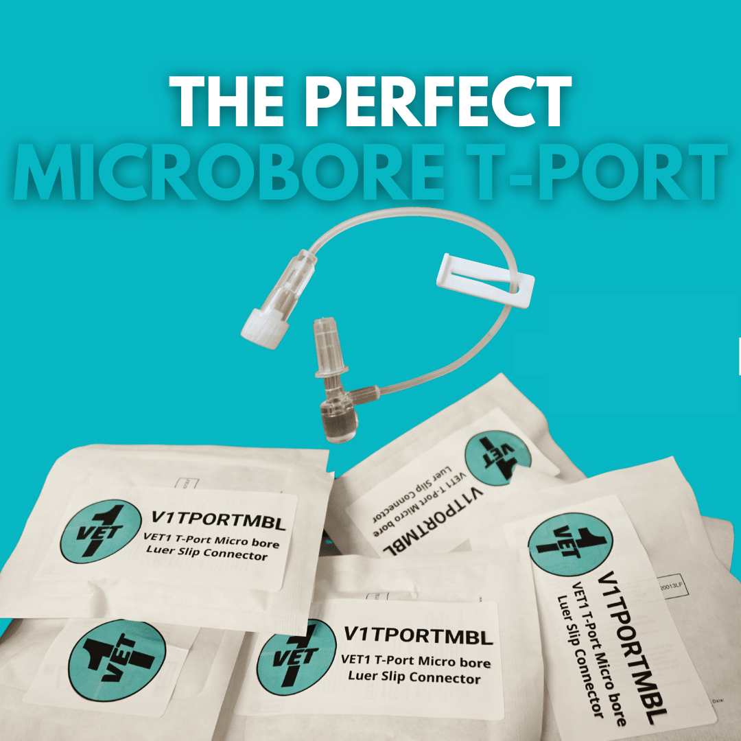 VET1 Microbore T-Port luer slip with latex free injection port and slide clamp. Length 12cm (each)
